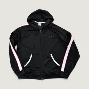 Nike Track Jacket Womens L Black Pink White Full Zip Hooded Mesh Sporty